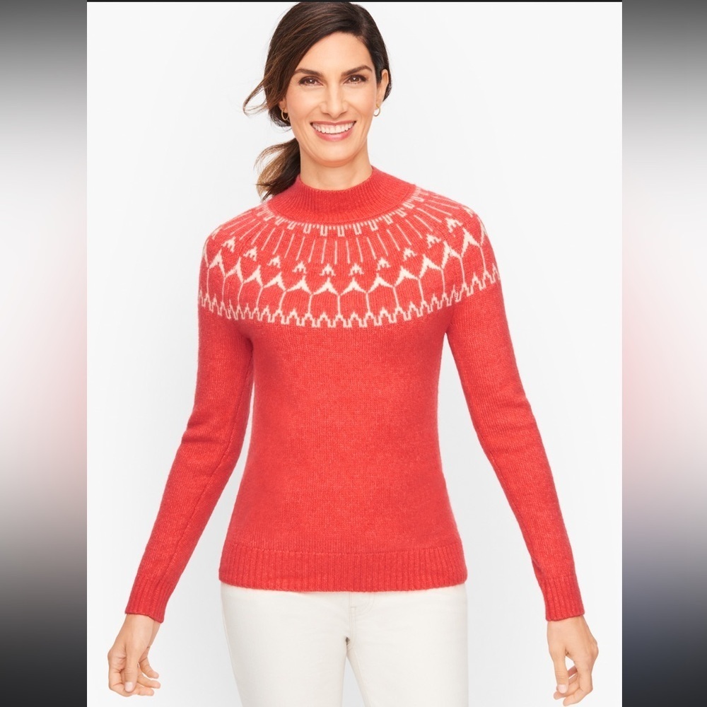 Talbots Fair Isle Mockneck Sweater Wool Blend Coral Red Nordic Small S